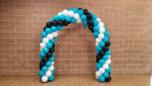 Blue Black and White Spiral Balloon Arch
